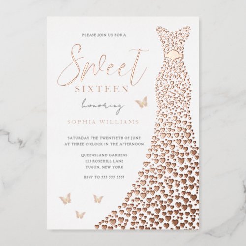 Rose Gold Foil Heart Dress Butterfly Sweet 16 Foil Invitation