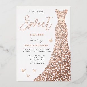 Rose Gold Foil Heart Dress Butterfly Sweet 16 Foil Invitation