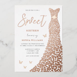 Rose Gold Foil Heart Dress Butterfly Sweet 16 Invitation