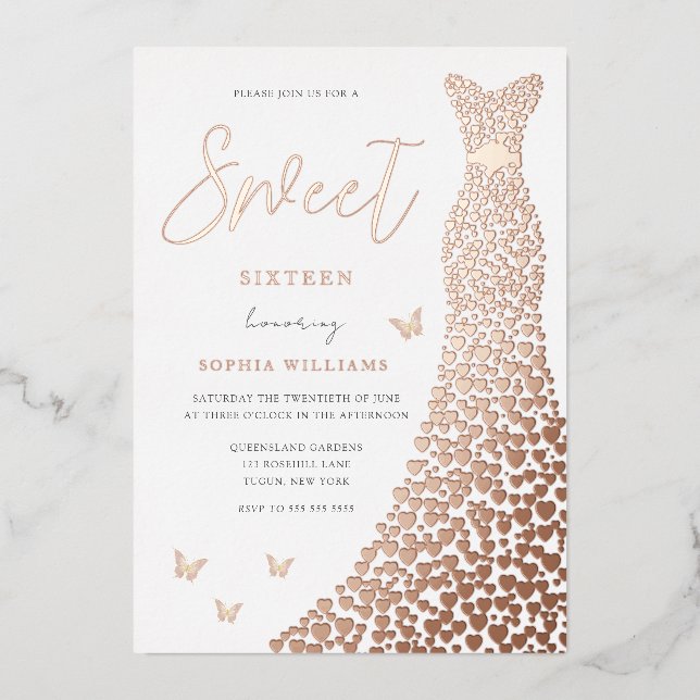 Rose Gold Foil Heart Dress Butterfly Sweet 16 Invitation (Front)