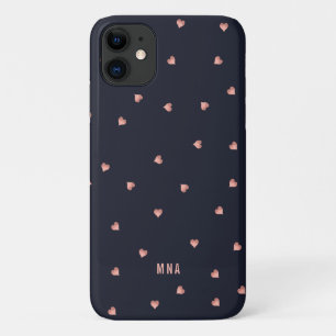 Rose Gold Foil Hearts Pattern Navy Blue Monogram iPhone 11 Case