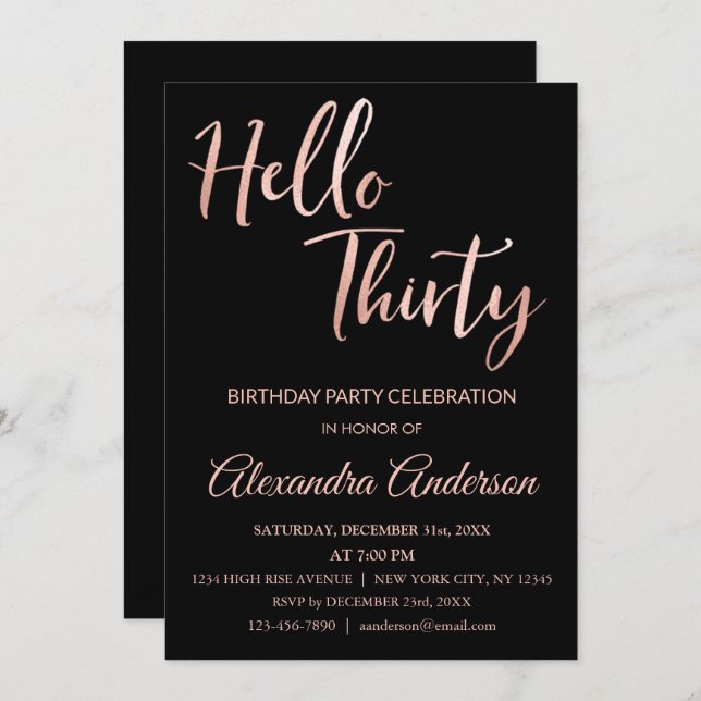 Rose Gold Foil Hello 30 Thirty Birthday Party Invitation (Front/Back)