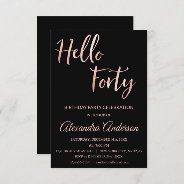 Rose Gold Foil Hello 40 Forty Birthday Party Invitation (Front/Back)