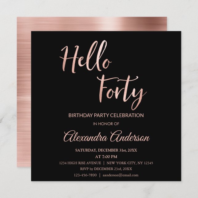 Rose Gold Foil Hello 40 Forty Birthday Party Invitation (Front/Back)