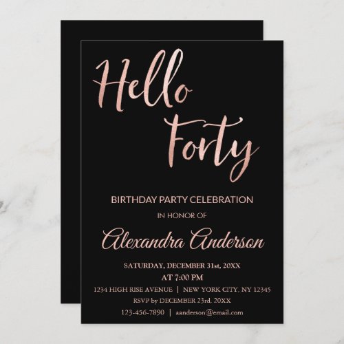 Rose Gold Foil Hello 40 Forty Birthday Party Invitation