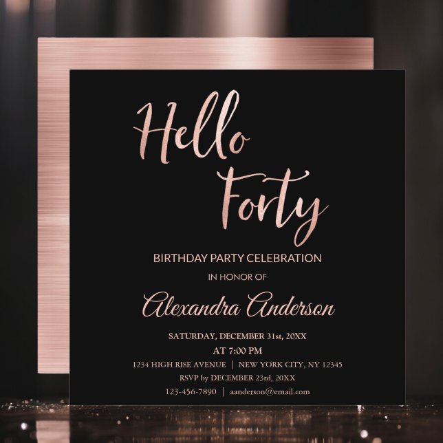 Rose Gold Foil Hello 40 Forty Birthday Party Invitation (Creator Uploaded)
