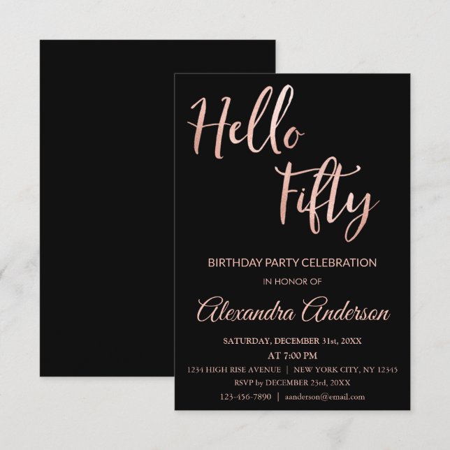 Rose Gold Foil Hello 50 Fiftieth Birthday Party Invitation (Front/Back)