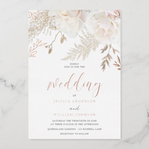 Rose Gold Foil Ivory White Floral Wedding Foil Invitation