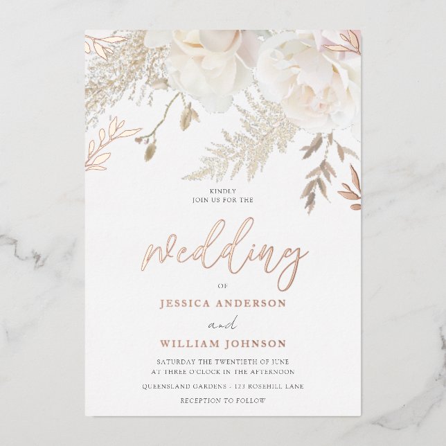 Rose Gold Foil Ivory White Floral Wedding Invitation (Front)