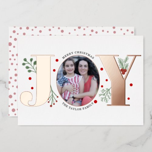 Rose gold foil Joy and berries Christmas photo Foil Holiday Card