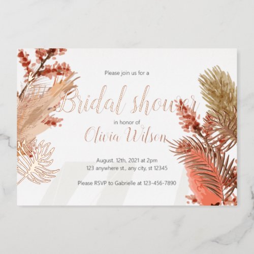 Rose gold foil leaves bridal shower invitation foil invitation