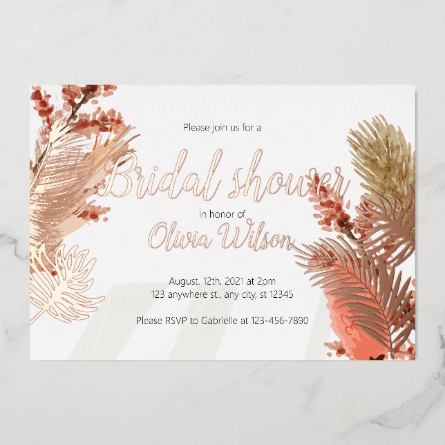Rose gold foil leaves bridal shower invitation foil invitation (Front)