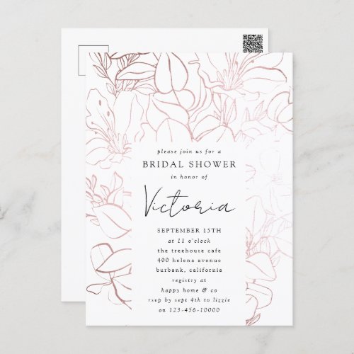 Rose Gold Foil Line Art Floral Bridal Shower Invit Postcard
