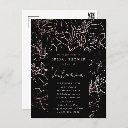 Rose Gold Foil Line Art Floral Bridal Shower Invit Postcard