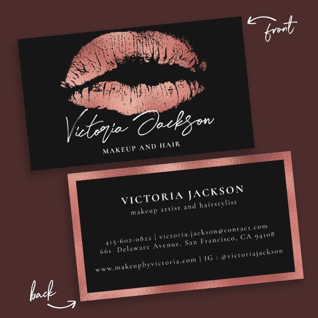 Rose Gold Foil Lips Modern Elegant Black Beauty Business Card (Creator Uploaded)