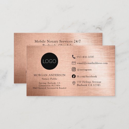 Rose Gold Foil Logo Social Media Notary Public Business Card