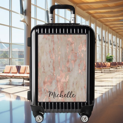 Rose Gold Foil Look Marble Monogram  Luggage