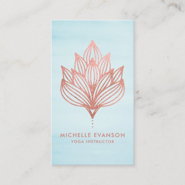 Rose Gold Foil Lotus Flower Blue Watercolor Business Card (Front)