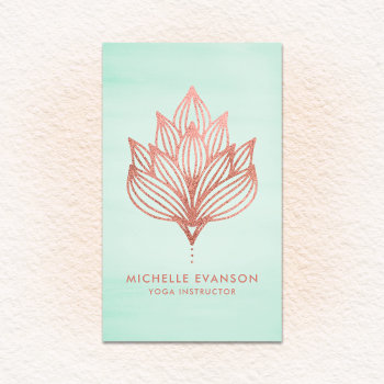 Rose Gold Foil Lotus Flower Green Watercolor Business Card by whimsydesigns at Zazzle