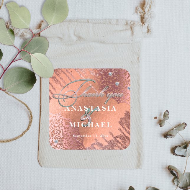 Rose Gold Foil Luxury Elegant Thank You Wedding Square Sticker (Creator Uploaded)