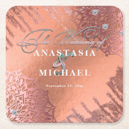 Rose Gold Foil Luxury Glam Elegant Stylish Wedding Square Paper Coaster