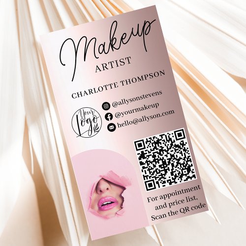 Rose Gold foil makeup logo Qr code 2 photos Business Card