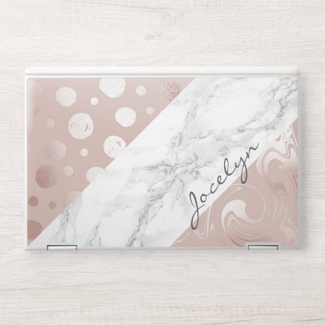 Rose Gold Foil Marble Gray Script Name HP Laptop Skin (Front)