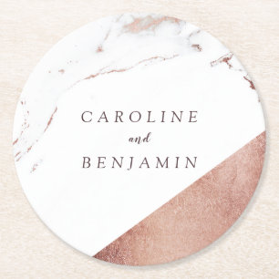 Rose gold foil marble luxury modern wedding round paper coaster