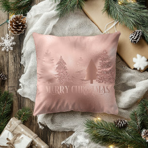 Rose Gold Foil Metallic Merry Christmas Tree Throw Pillow