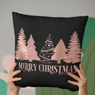 Rose Gold Foil Metallic Merry Christmas Tree Throw Pillow