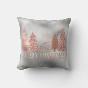 Rose Gold Foil Metallic Merry Christmas Tree Throw Pillow