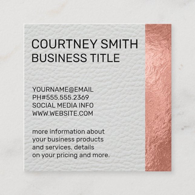 Rose Gold Foil Metallic Trim White Leather Square Business Card (Front)