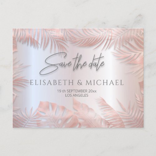 Rose gold foil metallic tropical leaves romantic a announcement postcard