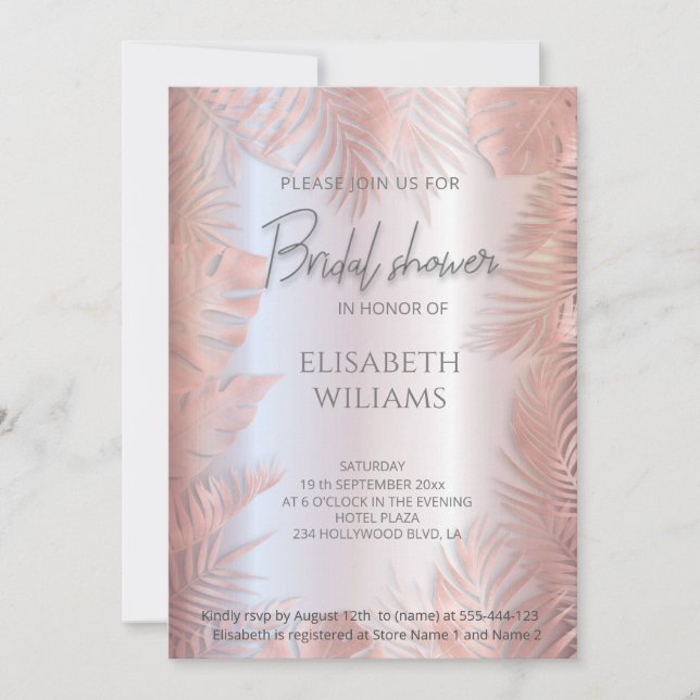 Rose gold foil metallic tropical leaves romantic invitation (Front)