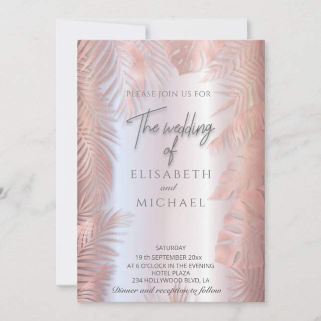 Rose gold foil metallic tropical leaves romantic invitation (Front)