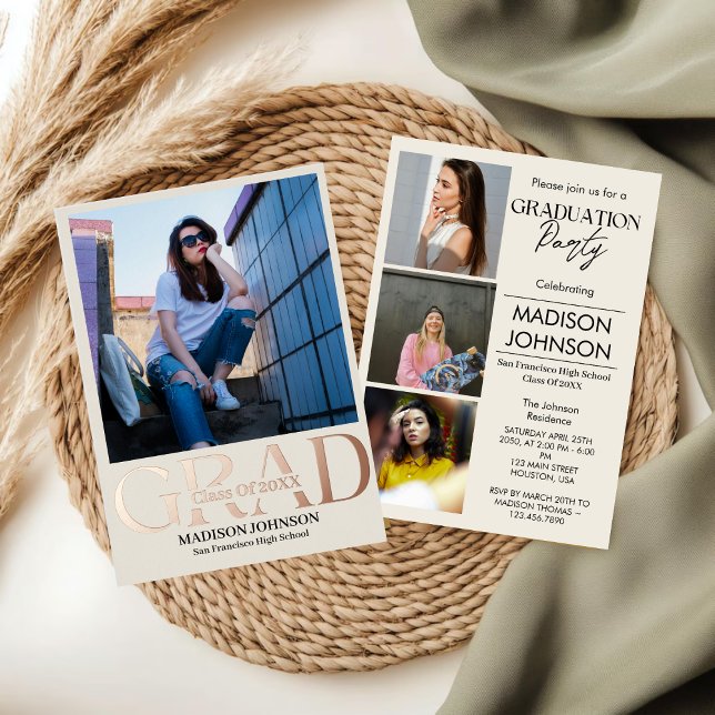 Rose Gold Foil Modern Minimalist Graduation Photo  Foil Invitation (Creator Uploaded)