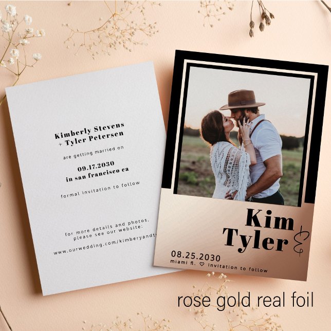 Rose gold foil modern photo wedding save the date invitation (Creator Uploaded)