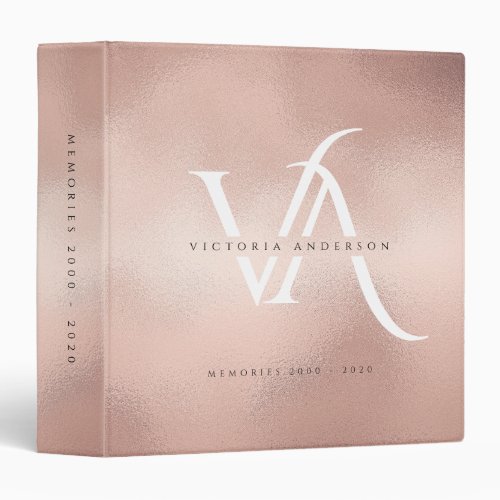 Rose Gold Foil Modern White Monogram Photo Album 3 Ring Binder