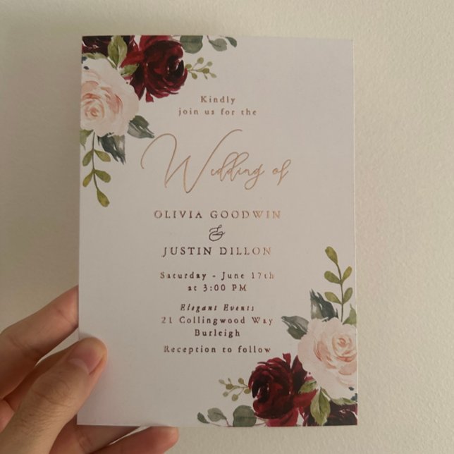 Rose Gold Foil Modern Wine & Blush Wedding Invitation (Creator Uploaded)