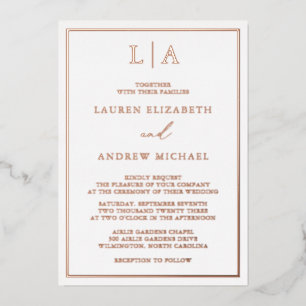Rose Gold Foil Monogram Border Minimalist Wedding Invitation