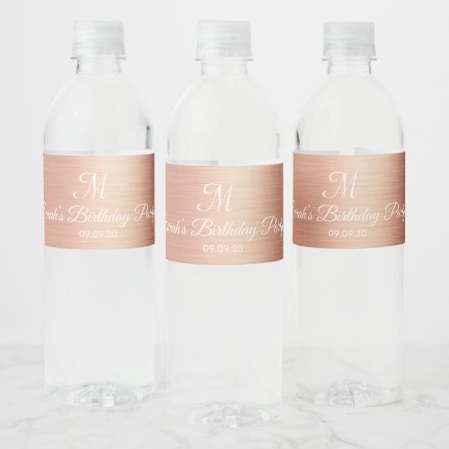 Rose Gold Foil Monogram Wedding Birthday Favor Water Bottle Label