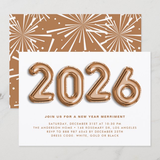 Rose Gold Foil Mylar Balloons New Year's Eve Party Invitation (Front/Back)
