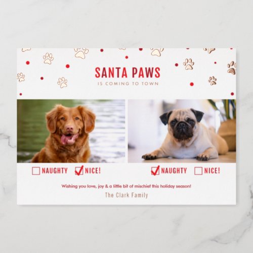 Rose Gold Foil Naughty or Nice Two Dog Photo Card