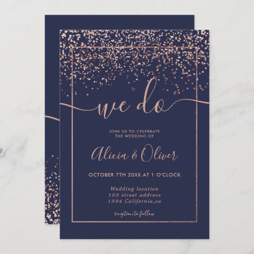 Rose gold foil navy blue chic initials wedding invitation