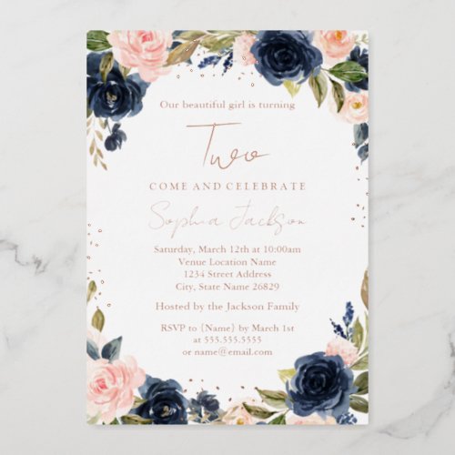 ROSE GOLD FOIL Navy Blush 2nd Girl Birthday  Foil  Foil Invitation