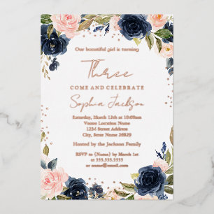 ROSE GOLD FOIL Navy Blush 3rd Girl Birthday Invitation