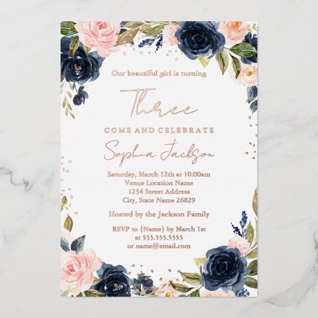 ROSE GOLD FOIL Navy Blush 3rd Girl Birthday  Invitation (Front)