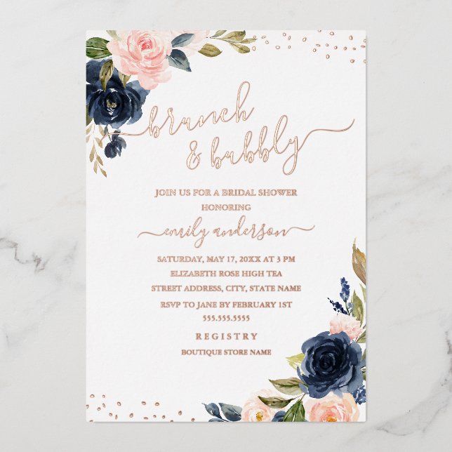 ROSE GOLD FOIL Navy Blush Floral Brunch And Bubbly Foil Invitation (Front)