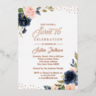 ROSE GOLD FOIL Navy Blush Floral Tiara Sweet 16  Foil Invitation