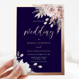 Rose Gold Foil Navy & Blush Floral Wedding Invitation